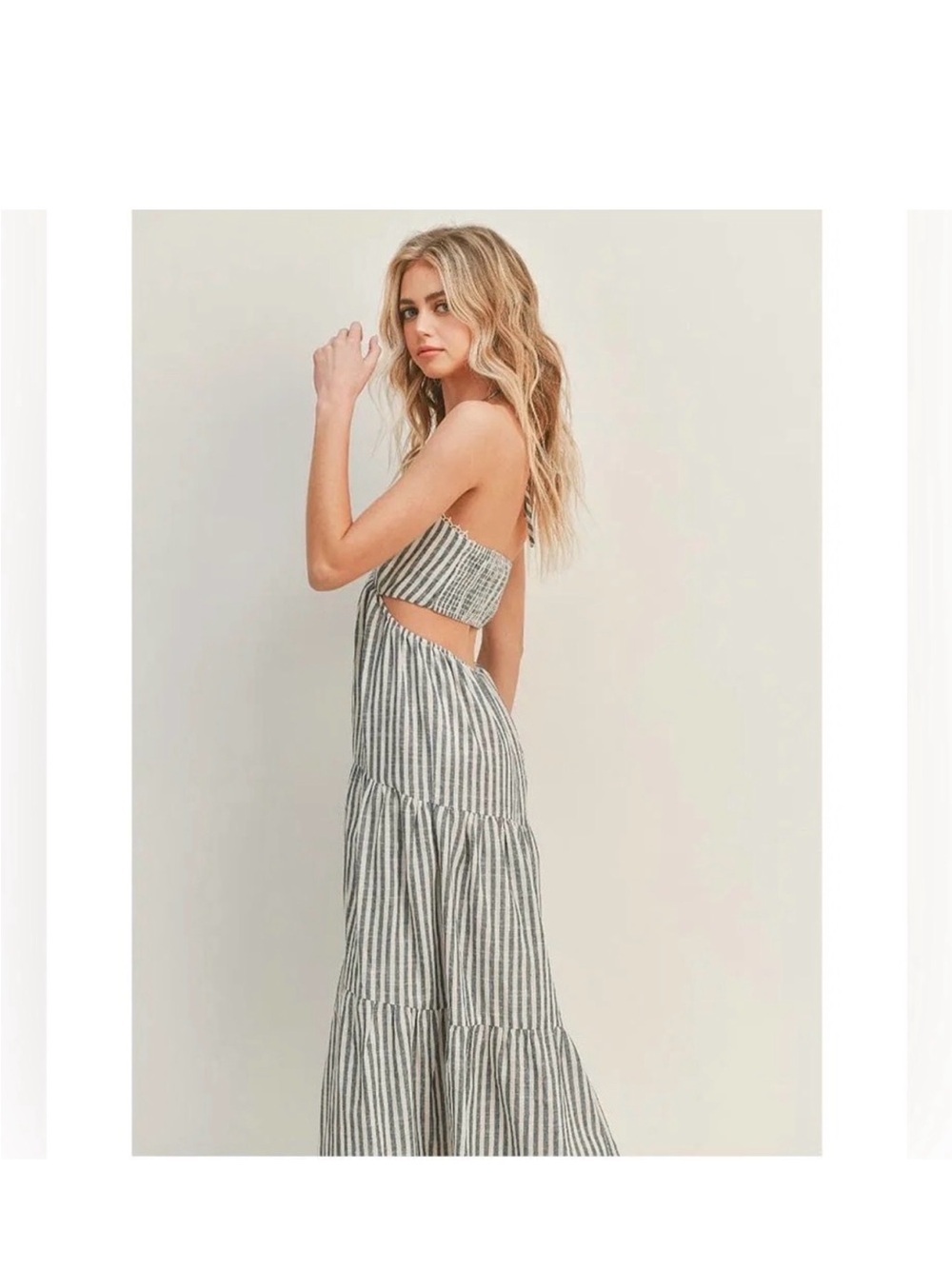 NWT Lush Striped Halter Cutout Maxi Dress in Navy and Cream